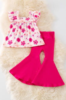  Fuchsia flower printed tunic & ribbed bell bottoms. OFG50911 AMY