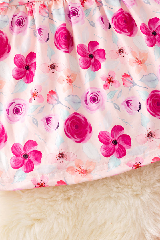 Fuchsia flower printed tunic & ribbed bell bottoms. OFG50911 AMY