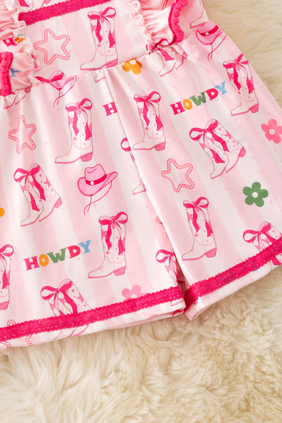 Howdy" Lt. Pink western romper with angel sleeves. PNG50252 SOL