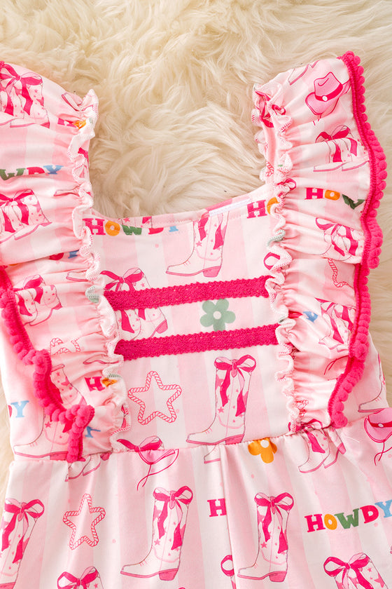 Howdy" Lt. Pink western romper with angel sleeves. PNG50252 SOL