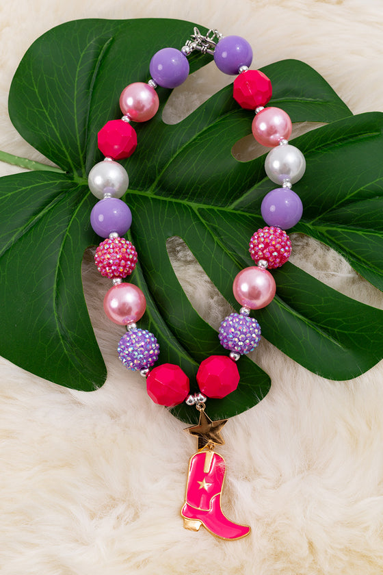 Multi-color bubble necklace with cowgirl boot pendant.3pcs/$15.00 ACG15154003 M