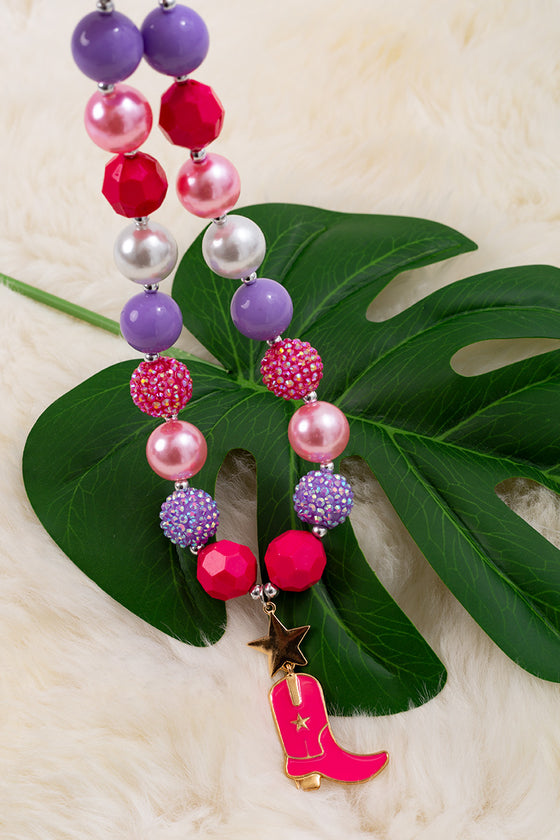 Multi-color bubble necklace with cowgirl boot pendant.3pcs/$15.00 ACG15154003 M