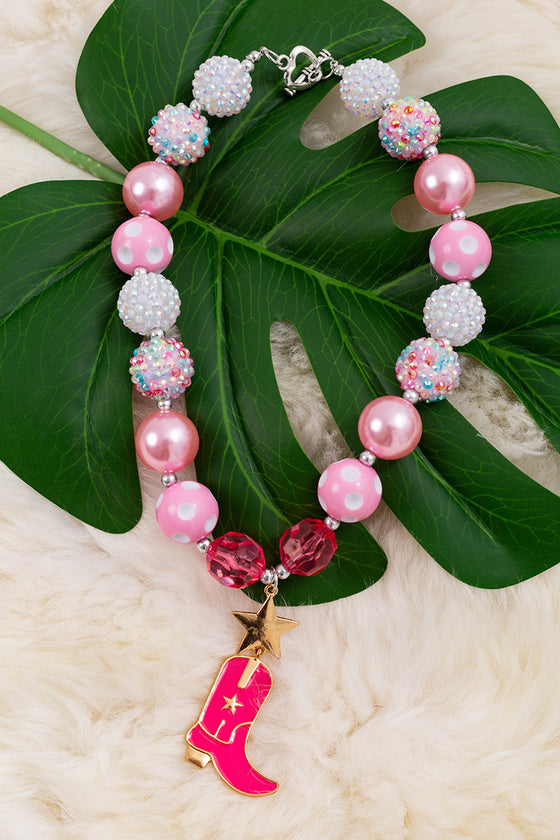 Pink & white textured bubble necklace with cowgirl boot pendant.3pcs/$15.00ACG15154004 M