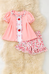 Lt. Coral w/embroidered apples & bows tunic & floral shorts. OFG60547 SOL