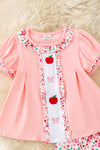 Lt. Coral w/embroidered apples & bows tunic & floral shorts. OFG60547 SOL