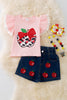 Apple sequins detail on pink shirt and angel sleeve and denim shorts. OFG50723