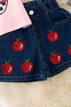 Apple sequins detail on pink shirt and angel sleeve and denim shorts. OFG50723