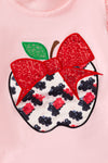 Apple sequins detail on pink shirt and angel sleeve and denim shorts. OFG50723