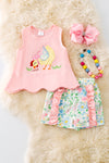 Chicken applique scalloped hem top and floral ruffle shorts. OFG50357 AMY