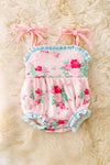 LT.Pink rose and heart printed baby romper w/gingham trim. RPG50748 SOL