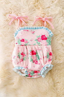  LT.Pink rose and heart printed baby romper w/gingham trim. RPG50748 SOL