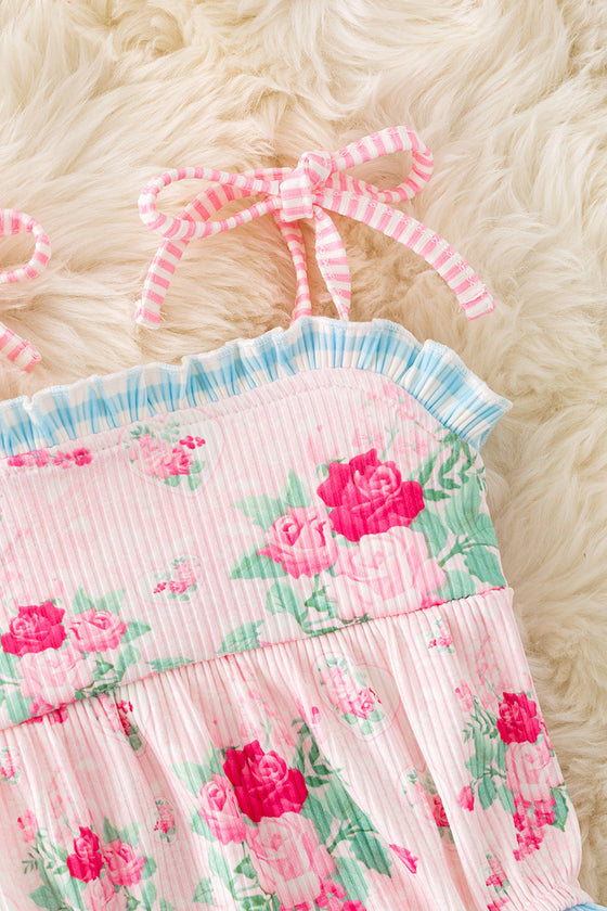 LT.Pink rose and heart printed baby romper w/gingham trim. RPG50748 SOL