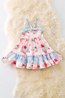  Girls rose and multi printed ruffle dress. DRG41149 SOL