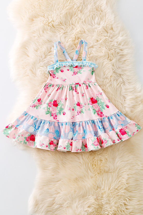 Girls rose and multi printed ruffle dress. DRG41149 SOL