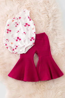  Maroon ditsy floral cold shoulder ribbed onesie & ribbed bell bottoms. RPG50977 SOL