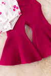 Maroon ditsy floral cold shoulder ribbed onesie & ribbed bell bottoms. RPG50977 SOL