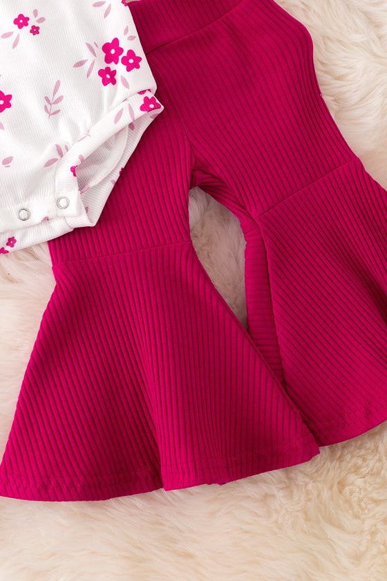 Maroon ditsy floral cold shoulder ribbed onesie & ribbed bell bottoms. RPG50977 SOL