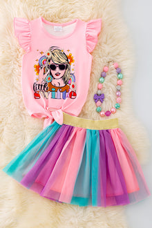  Swiftie pink Angel sleeve top & Multi-Color Skirt. OFG41196 wen