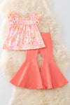 Orange & pink tortoise printed tunic & ribbed bell bottoms. OFG50910 AMY