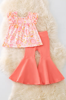  Orange & pink tortoise printed tunic & ribbed bell bottoms. OFG50910 AMY