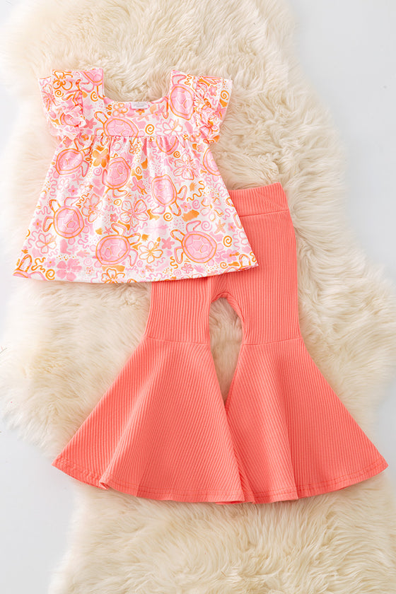 Orange & pink tortoise printed tunic & ribbed bell bottoms. OFG50910 AMY