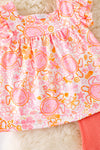 Orange & pink tortoise printed tunic & ribbed bell bottoms. OFG50910 AMY