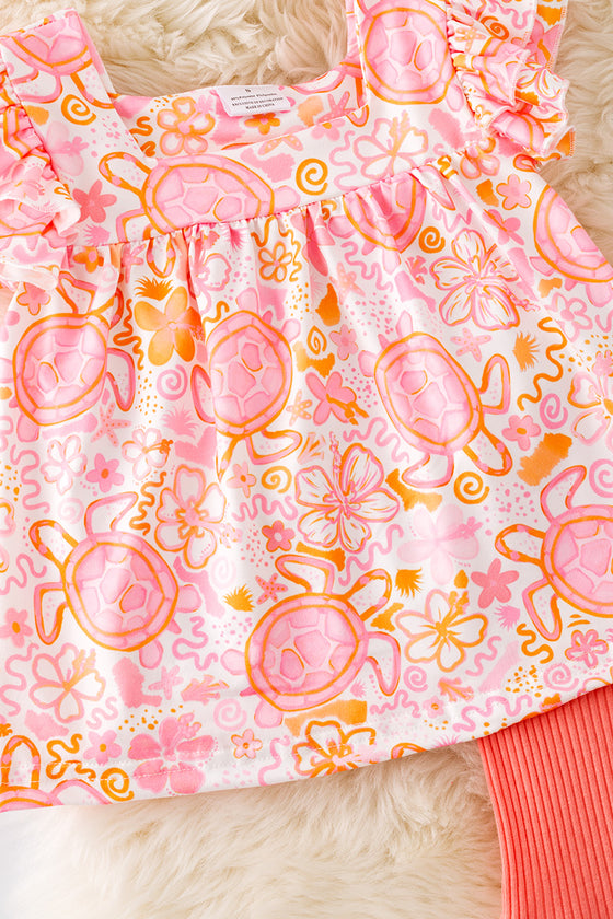 Orange & pink tortoise printed tunic & ribbed bell bottoms. OFG50910 AMY