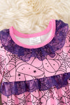 Spider web printed on pink baby onesie with purple lace and bell sleeves. RPG50951 SOL