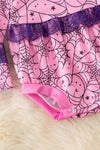 Spider web printed on pink baby onesie with purple lace and bell sleeves. RPG50951 SOL