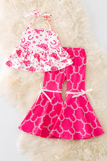  Horseshoe printed girls halter top and fuchsia bell bottoms. OFG50830 SOL