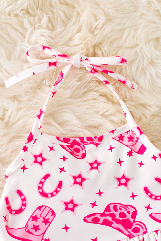 Horseshoe printed girls halter top and fuchsia bell bottoms. OFG50830 SOL