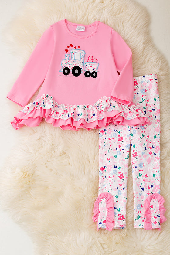Pink ruffle tunic with choo choo appliqué & floral leggings. OFG60027 AMY