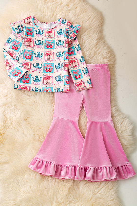 Cherry printed long sleeve top and soft velvety bell bottoms. OFG60078 SOL