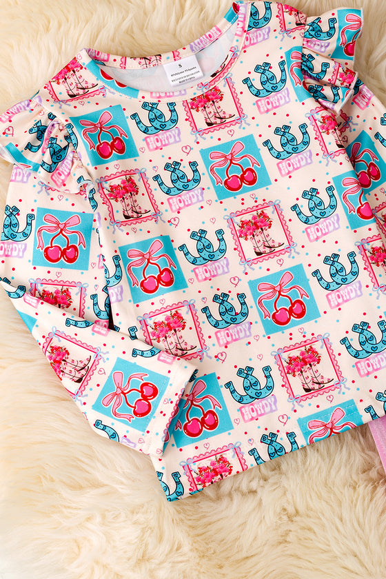 Cherry printed long sleeve top and soft velvety bell bottoms. OFG60078 SOL