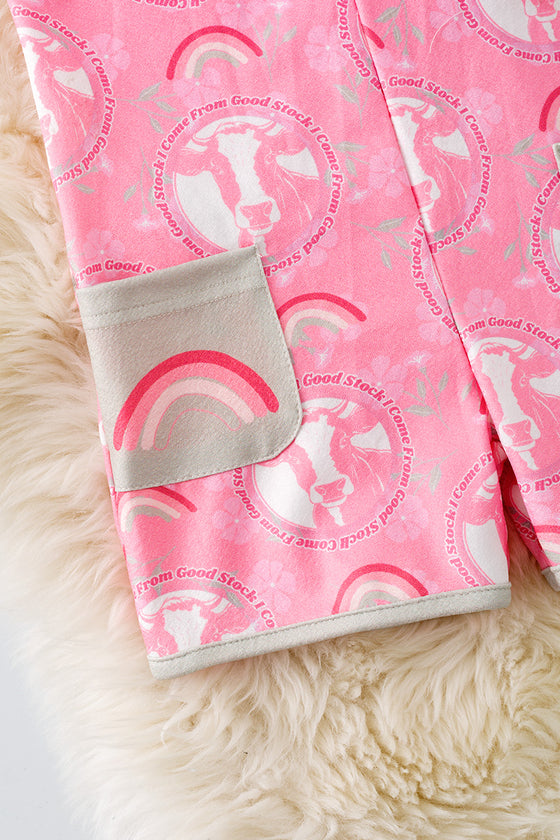 " I come from good stock" cow & rainbow printed girls romper. PNG50150 SOL