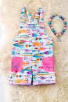 " Gone Fishing" Lt. blue fish bate printed girls romper with pockets. PNG50149 SOL