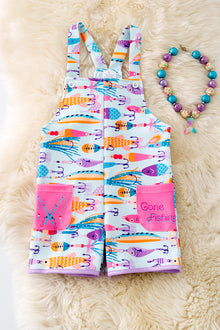  " Gone Fishing" Lt. blue fish bate printed girls romper with pockets. PNG50149 SOL