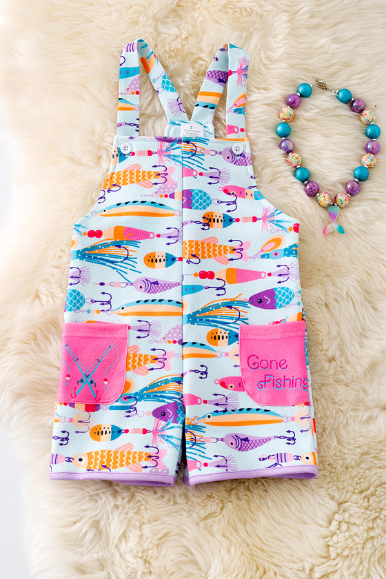 " Gone Fishing" Lt. blue fish bate printed girls romper with pockets. PNG50149 SOL