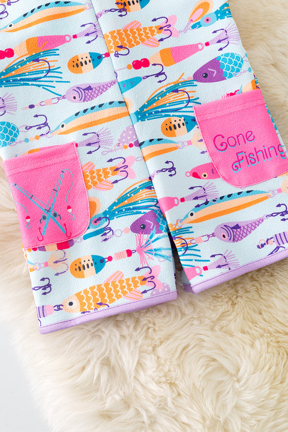 " Gone Fishing" Lt. blue fish bate printed girls romper with pockets. PNG50149 SOL