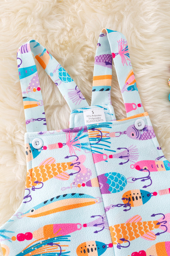 " Gone Fishing" Lt. blue fish bate printed girls romper with pockets. PNG50149 SOL