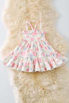  Pink rose printed girls dress with ruffle hem. DRG51353 JEAN