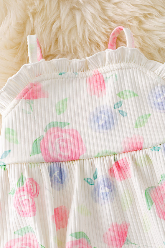 Cute Rose printed on cream baby romper w/ruffle trim. RPG50745 JEAN