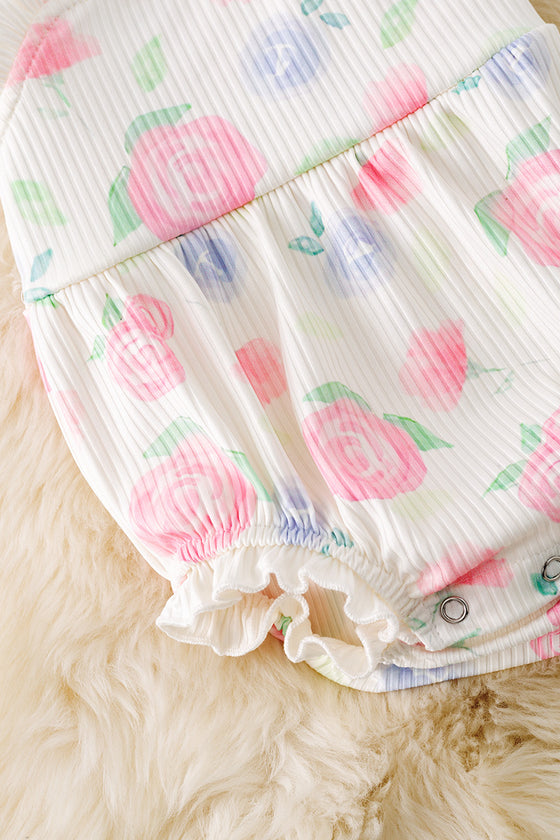 Cute Rose printed on cream baby romper w/ruffle trim. RPG50745 JEAN