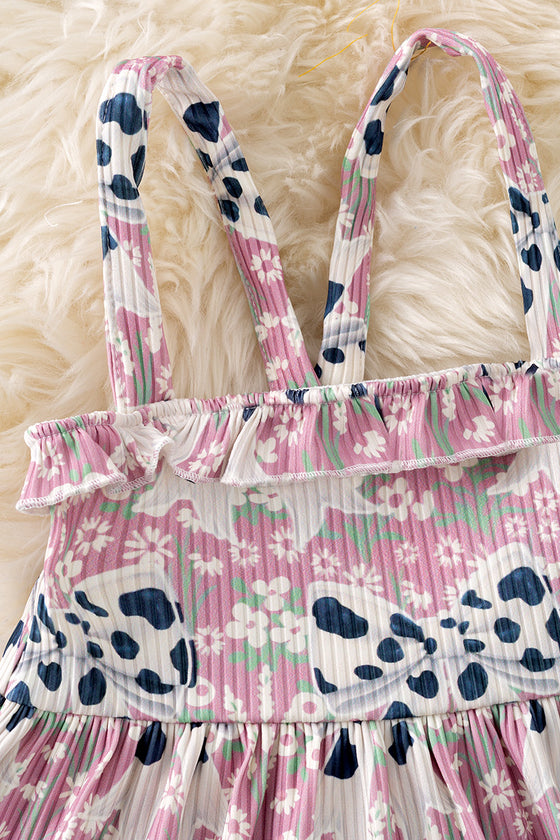 Cow printed coquette bow ruffle dress. DRG51351 SOL