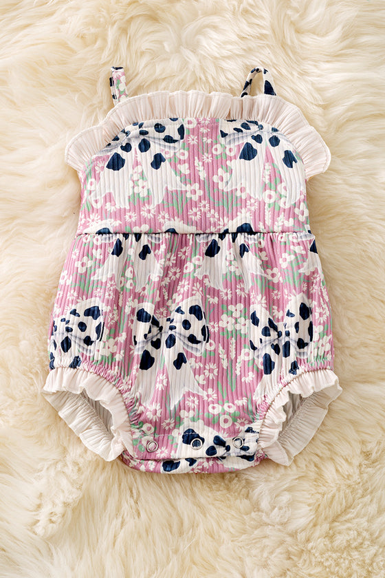 Cameo cow coquette printed bow baby romper w/ruffle hem. RPG50743 SOL