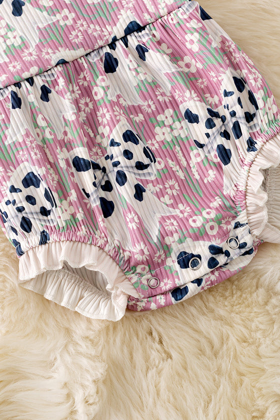 Cameo cow coquette printed bow baby romper w/ruffle hem. RPG50743 SOL