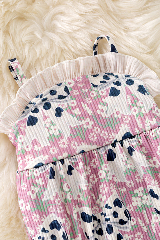 Cameo cow coquette printed bow baby romper w/ruffle hem. RPG50743 SOL