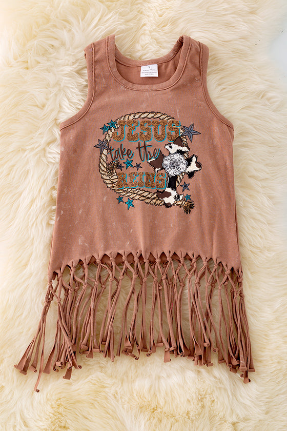 "Jesus take the reins" Washed brown tank top w/tassels. TPG40428 LOI