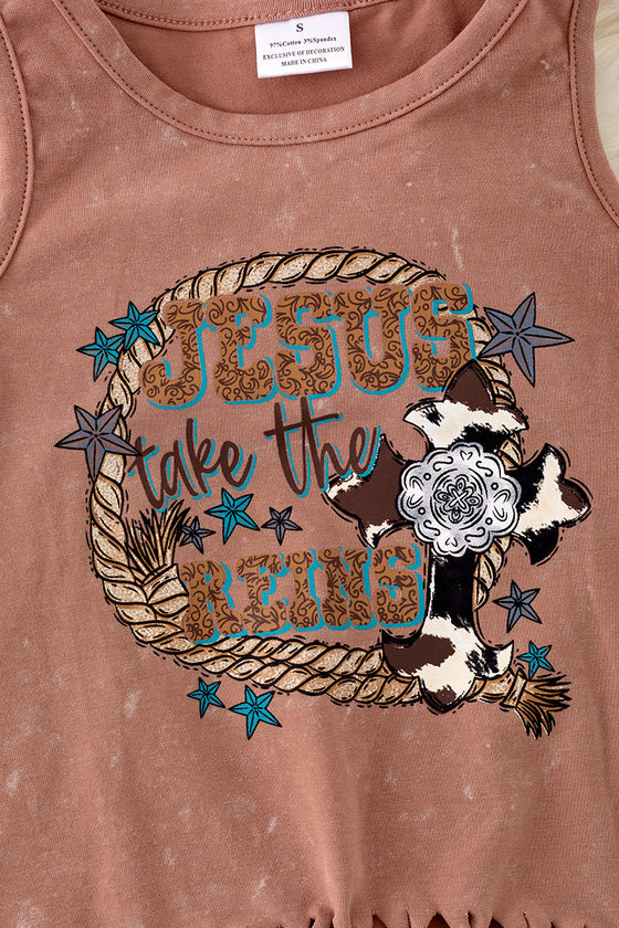 "Jesus take the reins" Washed brown tank top w/tassels. TPG40428 LOI