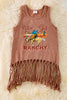 Let's get ranchy" washed brown tank top with fringe. TPG40430 AMY